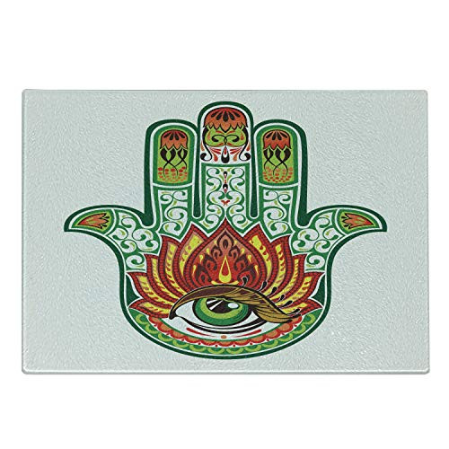 Ambesonne Hamsa Cutting Board, Middle Eastern Culture Hamsa Hand of Fatima Figure with Defense of Evil Eye Theme, Decorative Tempered Glass Cutting and Serving Board, Small Size, Green Red