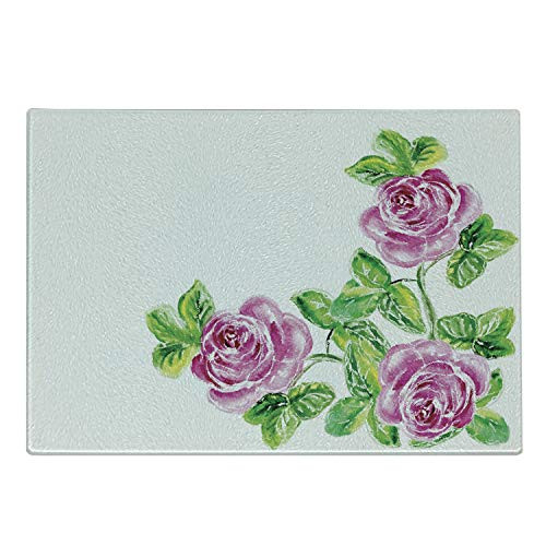 Ambesonne Watercolor Flower Cutting Board, Picturesque Glamour Dramatic Rose Figures with Cracked Effect Natural Art, Decorative Tempered Glass Cutting and Serving Board, Small Size, Pink Green