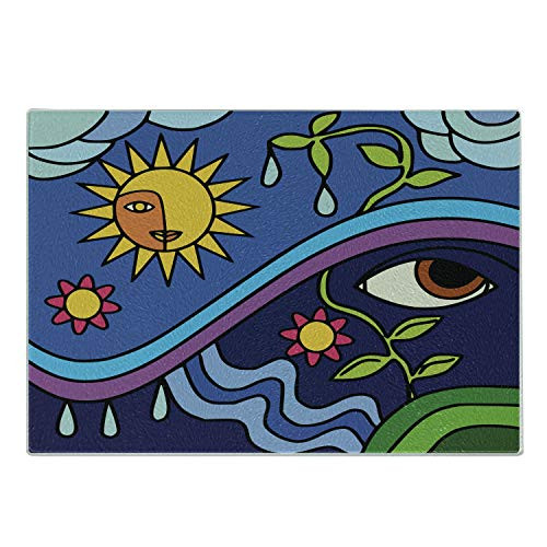 Ambesonne Abstract Cutting Board, Ancient Nature Illustration with Sun Sky Flowers and Eye Figures Eco Design, Decorative Tempered Glass Cutting and Serving Board, Small Size, Multicolor