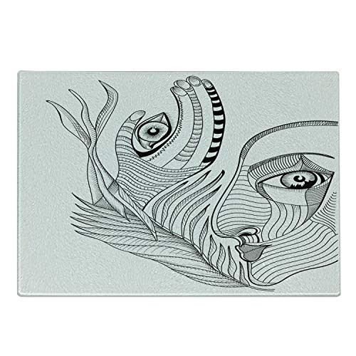 Ambesonne Psychedelic Cutting Board, Trippy Abstract Surreal Human Face Figures Mehndi Tattoo Style Ancient Art, Decorative Tempered Glass Cutting and Serving Board, Small Size, Black and Grey
