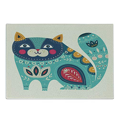 Ambesonne Animal Cutting Board, Cute Chubby Smiling Cat with Colorful Paisley Motif Ethnic Tribal Style Figures Art, Decorative Tempered Glass Cutting and Serving Board, Small Size, Multicolor