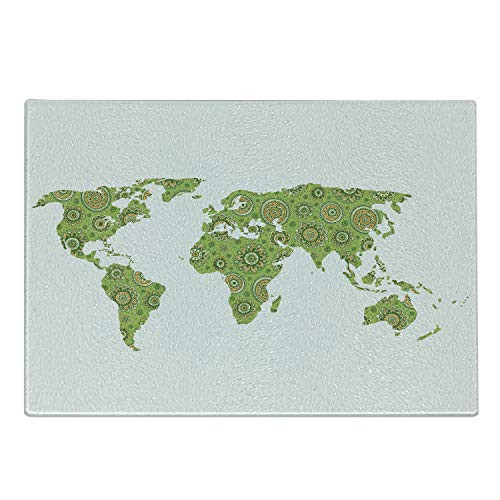 Ambesonne Floral World Map Cutting Board, Mandala Inspired Round Figures on Green Color Ethnic Asian Inspiration, Decorative Tempered Glass Cutting and Serving Board, Small Size, Lime Green