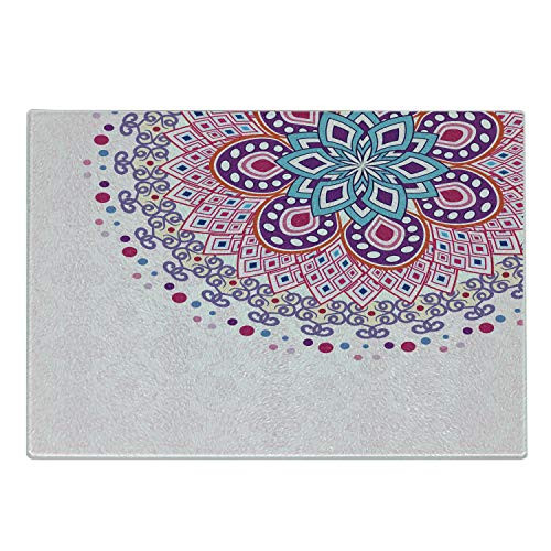 Ambesonne Mandala Cutting Board, Retro Sun Figure with Grunge Effects Universe Ancient Art Design, Decorative Tempered Glass Cutting and Serving Board, Small Size, Pale Pink Purple and Teal