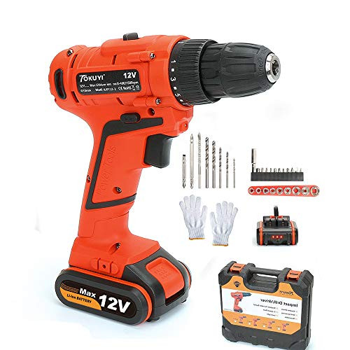 Cordless Drill with Battery and Charger, Electric Power Drill Lithium 12V with Driver Set and Project Kit, 3/8 Keyless Chuck Small Cordless Drill, LED Light & 1 Hour Fast Charger, 32pcs Accessories