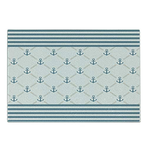 Ambesonne Anchor Cutting Board, Blue Stripes Frame with Abstract Stripes and Chain Figures Symmetrical Pattern, Decorative Tempered Glass Cutting and Serving Board, Small Size, Slate Blue White
