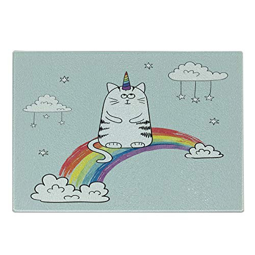 Ambesonne Unicorn Cat Cutting Board, Lovely Figure on Sketchy Rainbow Follow Your Dreams Inspirational Fantasy Sky, Decorative Tempered Glass Cutting and Serving Board, Small Size, Multicolor
