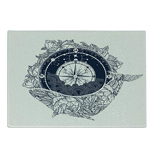 Ambesonne Adventure Cutting Board, Antique Marine Compass and Floral Whale Figure Mystical Victorian Vintage, Decorative Tempered Glass Cutting and Serving Board, Small Size, Dark Blue White