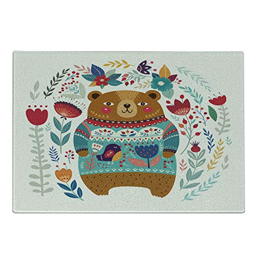 Ambesonne Bear Cutting Board, Adorable Cartoon Figure with Flowers and Leaves Spring Inspired Botanical Composition, Decorative Tempered Glass Cutting and Serving Board, Small Size, Multicolor
