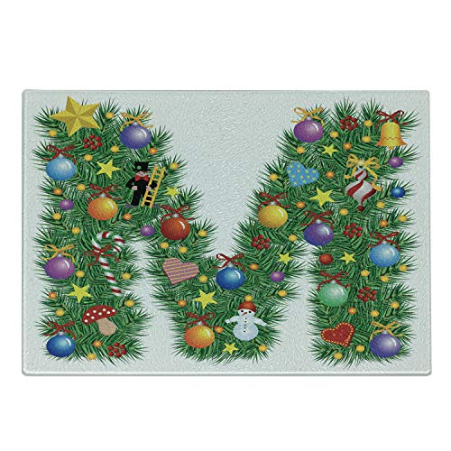 Ambesonne Letter M Cutting Board, Festive Cute Colorful Figures on Letter M Winter Season Theme Snowman Holly Berry, Decorative Tempered Glass Cutting and Serving Board, Small Size, Multicolor