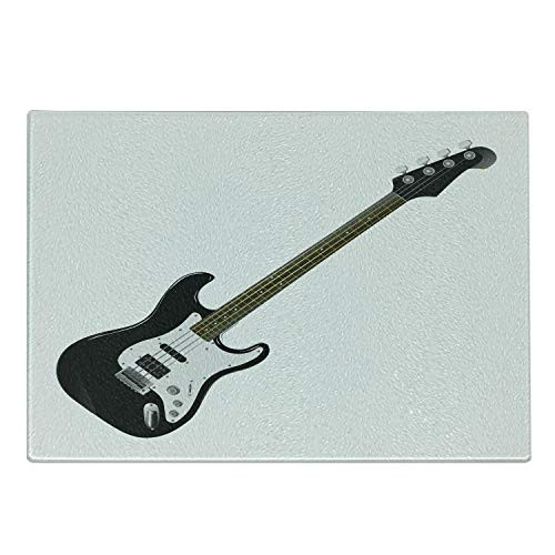 Ambesonne Guitar Cutting Board, Bass Four String Rhythm Music Rock and Roll Element Detailed Illustration, Decorative Tempered Glass Cutting and Serving Board, Small Size, Black White Caramel