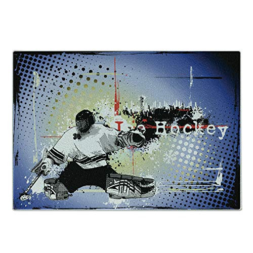 Ambesonne Hockey Cutting Board, Retro Halftone Style Backdrop with Player Figure Snowflakes and Cityscape Silhouette, Decorative Tempered Glass Cutting and Serving Board, Small Size, Multicolor
