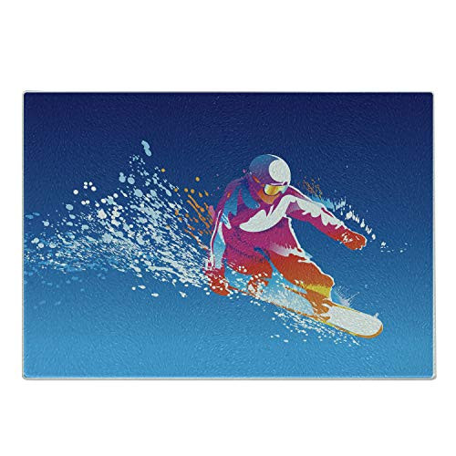 Ambesonne Youth Cutting Board, Colorful Figure of a Young Man Snowboarding on Blue Background with Paint Splashes, Decorative Tempered Glass Cutting and Serving Board, Small Size, Multicolor