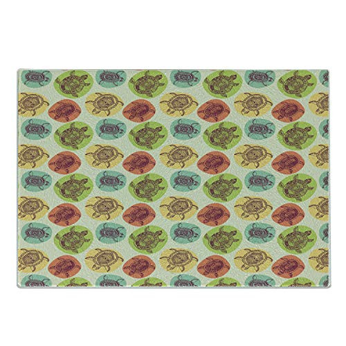 Ambesonne Turtle Cutting Board, Aquatic Tortoise Animals Artistic Figures with Ethnic Patterns on Pastel Color Blots, Decorative Tempered Glass Cutting and Serving Board, Small Size, Multicolor