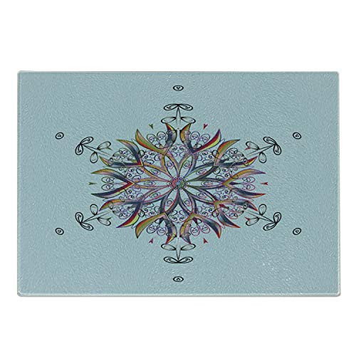 Ambesonne Snowflake Cutting Board, Stylized Artistic Figure Doodle Style Illustration Colorful Round Ornament Motif, Decorative Tempered Glass Cutting and Serving Board, Small Size, Multicolor