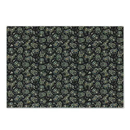 Ambesonne Sugar Skull Cutting Board, Owl Penguin llama and Raccoon Calavera Figures and Bones Ornament, Decorative Tempered Glass Cutting and Serving Board, Small Size, Black Ivory Multicolor