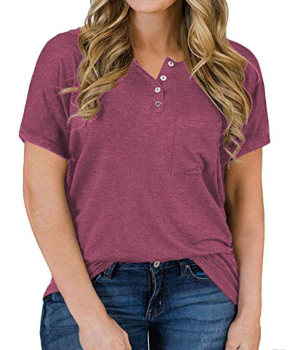 Plus Size Tops for Women 4X Summer Loose Henley Tee Shirts Wine Red 26W