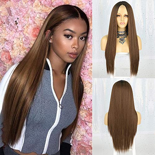AISI QUEENS Long Straight Brown Wigs for Women Brown Ombre Synthetic Middle Part Fully Heat Resistant Wig for Daily Party Use-30 Inches-