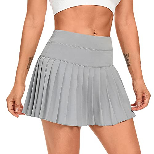 DERCA Pleated Tennis Skirt for Women with Pockets Shorts Athletic Skorts Workout Running Golf Sports Skirts -Grey,Small-