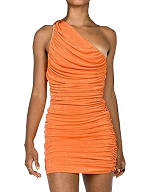 PRIMODA Womne's One Shoulder Ruched Bodycon Mini Dress Sexy Sleeveless Club Party Dress-Orange S-