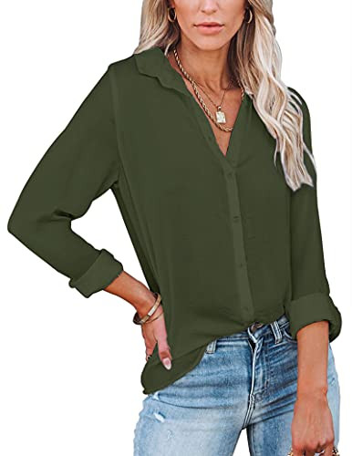 Diosun Womens Button Down V Neck Shirts Long Sleeve Office Casual Business Plain Blouses Tops Army Green