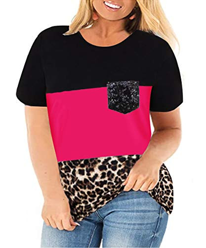 Ritera Plus Size Short Sleeve Shirt for Women Color Block Tunic Leopard Print Tops with Sequin Pocket Tee Crew Neck Blouses Black Pink 2XL