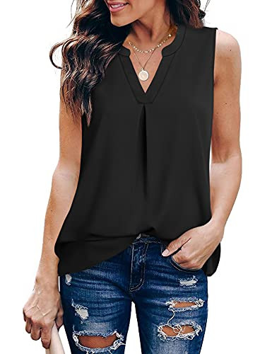 Work Clothes Women Gaharu V Neck Dressy Blouse Elegant Light Weight Sleeveless Summer Tunics Chiffon Business Casual Shirt Black,X-Large