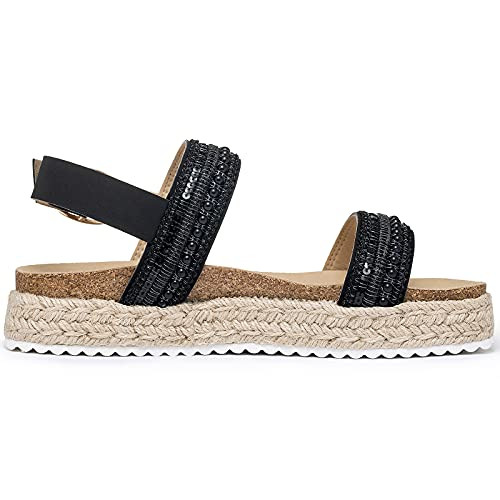 Sandals for Women Platform Espadrilles Espadrille Sandal Sandles Black Open Toe Ankle Strap Strappy Flat Elastic Wedges Flatform Buckle? Black Pearl,Size 9-