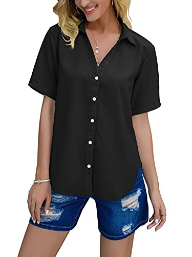 PINKMARCO Womens Button Down V Neck Shirts Short Sleeve Blouse Roll Up Cuffed Sleeve Casual Work Plain Tops Black