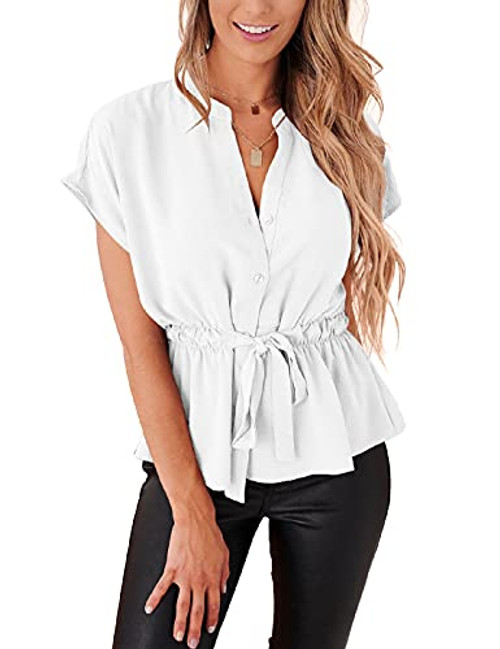 Womens Button Down Blouses Casual Peplum Summer Tops Dressy Chiffon Work Blouse White