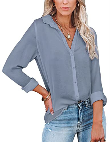 Diosun Womens Button Down V Neck Shirts Long Sleeve Office Casual Business Plain Blouses Tops Grey