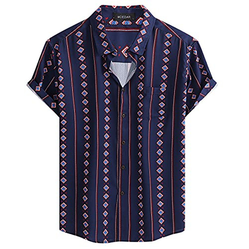 MCEDAR Mens Casual Short Sleeve Button Up Vintage Summer Hawaiian Beach Vacation Shirts -Size S-5XL Big and Tall--Blue 21003,L-