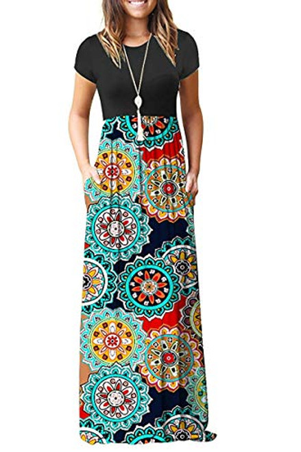 AUSELILY Women Short Sleeve Loose Print Floral Pleated Casual Long Maxi Dresses with Pockets -L, Round Red-