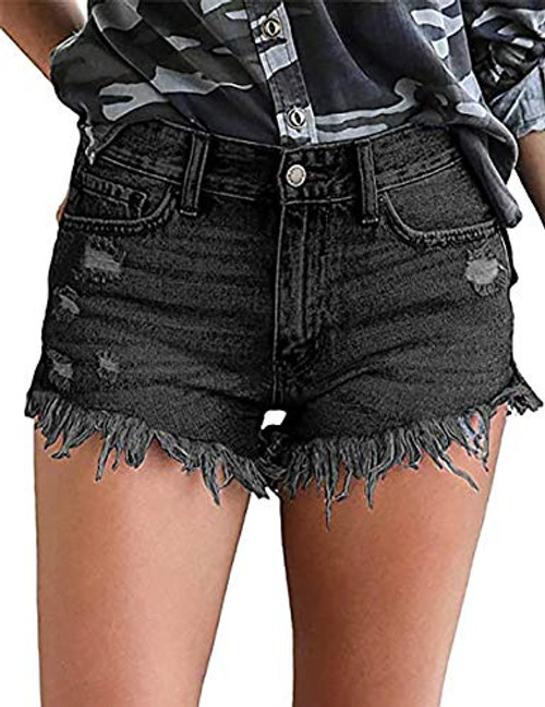 Necooer Women Denim Shorts Casual Summer Mid Waist Stretchy Denim Jean Shorts -Large, Black-