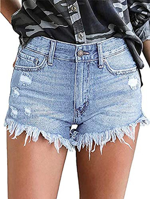 Necooer Women Denim Shorts Casual Summer Mid Waist Stretchy Denim Jean Shorts -Large, Light Blue-