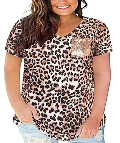 CARCOS Plus Size Shirts for Womens 4X Leopard Print Shorts Sleeve Tees V Neck Summer Tops with Pocket Brown Cheetah Blouses 4XL 24W 26W