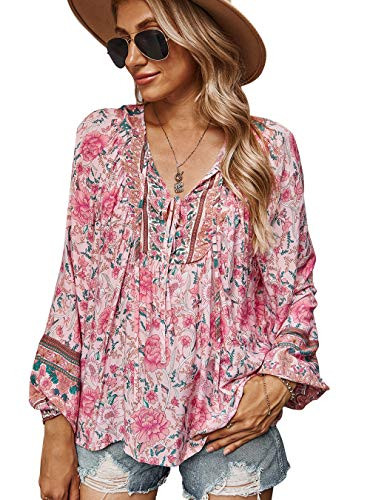KAYWIDE Womens Tops and Blouses Tunic Tops Floral Printed V Neck Blouses Boho Beach Casual Long Sleeve Shirts Pink