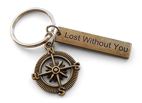 JewelryEveryday Bronze Open Metal Compass Charm Keychain with Engraved Lost Without You Tag- 8 Year, Couples Keychain