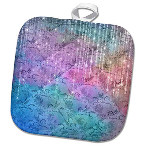 3dRose Pretty Pink, Blue Unicorn Floral With Image Of String Lights - Potholders -phl-341317-1- 3dRose Pretty Pink, Blue Unicorn Floral With Image Of String Lights - Potholders -phl-341317-1-