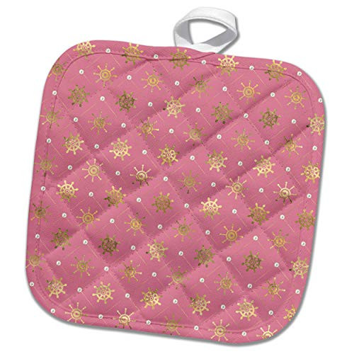 3dRose Pink and Image Of Gold Sailing Wheels In A Diamond Geometric - Potholders -phl-340316-1-