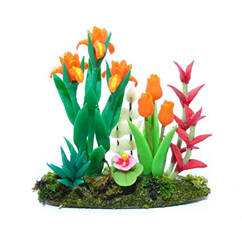 Melody Jane Dollhouse Orange Iris and Tulip Flowers in Grass Ground Garden Accessory 1-12