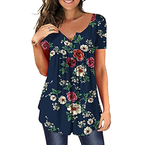 Mimacoo Floral Print Shirt for Womens Short Sleeve Tee V Neck Buttons Tops Irregular Hem Blouse Navy