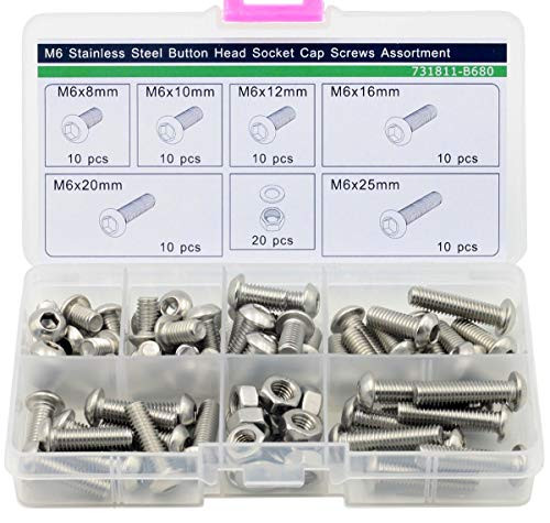 Screws M6 Button Head Socket Cap Screws,Hex Nuts,Flat Washers,Assortment Kit, 80 pcs,Stainless Steel