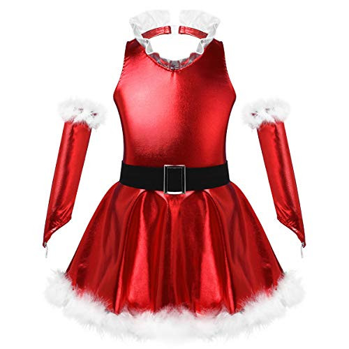 MSemis Girls Christmas Santa Dance Costume Sequins Tutu Dress with Hat Ice Ice Skating Stage Suit Metallic Red 12-14 Years