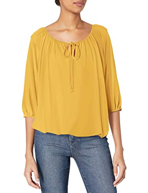 Star Vixen Women's 3/4 Sleeve, Front Tie Peasant Top, Mustard, Medium