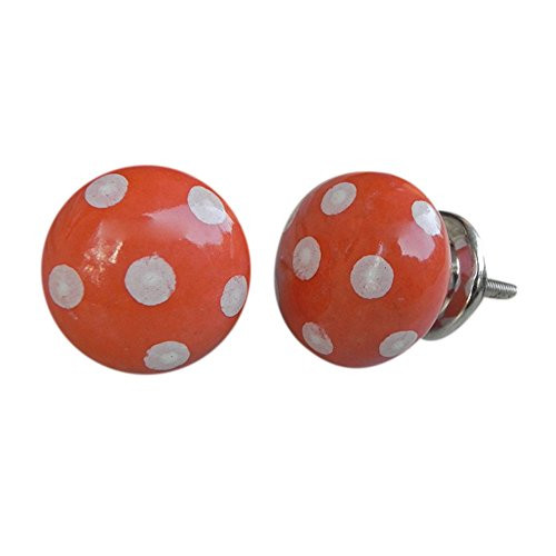 IndianShelf 6 Piece Handmade Orange Ceramic Polka Dot Flat Dresser Pulls Drawer Cabinet Wardrobe Door Knobs Kitchen Handles