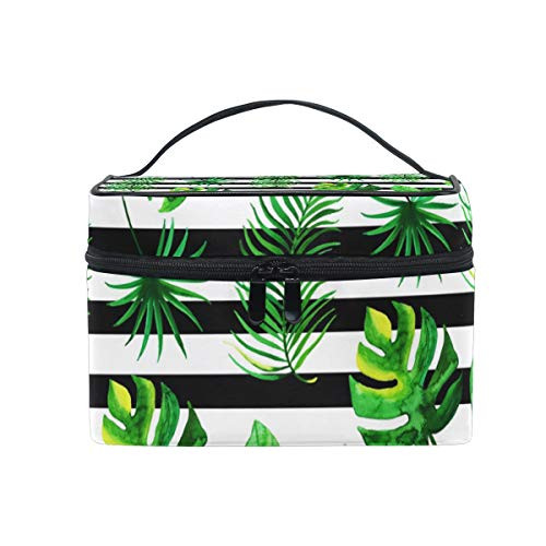 Makeup Cosmetic Bag Green Tropical Leaves Black Stripes Portable Travel Train Case Toiletry Bags Organizer Multifunction Storage Makeup Cosmetic Bag Green Tropical Leaves Black Stripes Portable Travel Train Case Toiletry Bags Organizer Multifunction Storage
