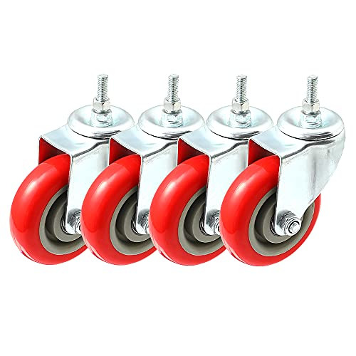 4 Pack Caster Wheels Swivel Stem On Red Polyurethane Wheels -4 inch stem-