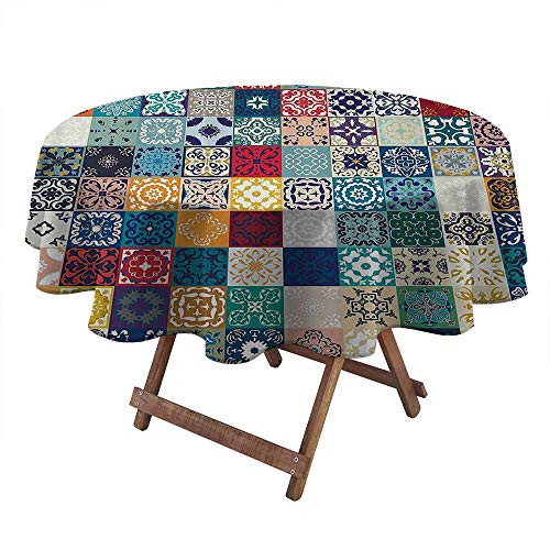 DayDayFun Tablecloths for Round Tables Moroccan Decor Easter Tablecloth Mega Patchwork Pattern with Different Colorful Arabic Figures Original Tunisian Artful Theme 48" Diameter Multi