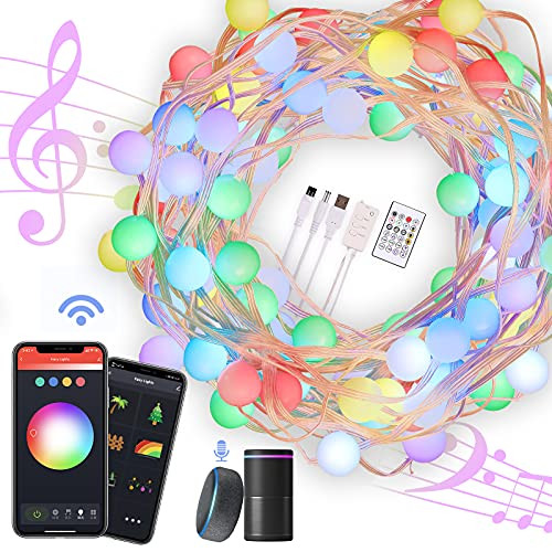 Smart Fairy Lights , Smart Globe String Lights USB ,RGB Color Timer APP,Dream Color String Lights, Music Sync Compatible with Alexa Google Home, IP65 Waterproof for Outdoor Indoor Party-16.4ft-
