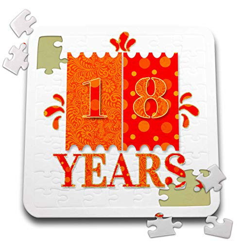 3dRose Doreen Erhardt Birthday Collection - Bright Orange and Yellow Numeral 18 in Dots and Botanical Patterns - 10x10 Inch Puzzle -pzl-322524-2-